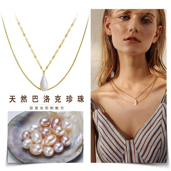 Wholesale S925 Sterling Silver Natural Freshwater Pearl Baroque Drop Shape Necklace With Geometric Pattern And Electroplating Treatment