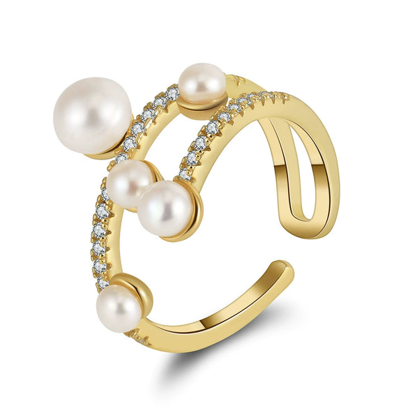 Wholesale S925 Sterling Silver Natural Freshwater Pearl Geometric Opening Adjustable Women's Ring With Electroplating