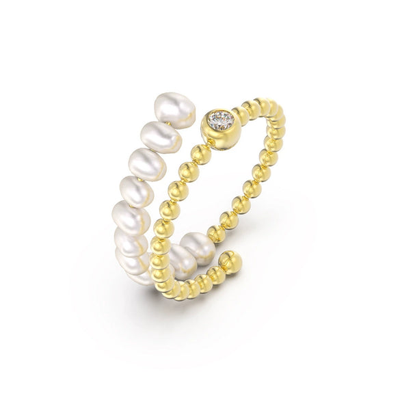 Wholesale S925 Sterling Silver Natural Freshwater Pearl Geometric Opening Adjustable Women's Ring With Electroplating
