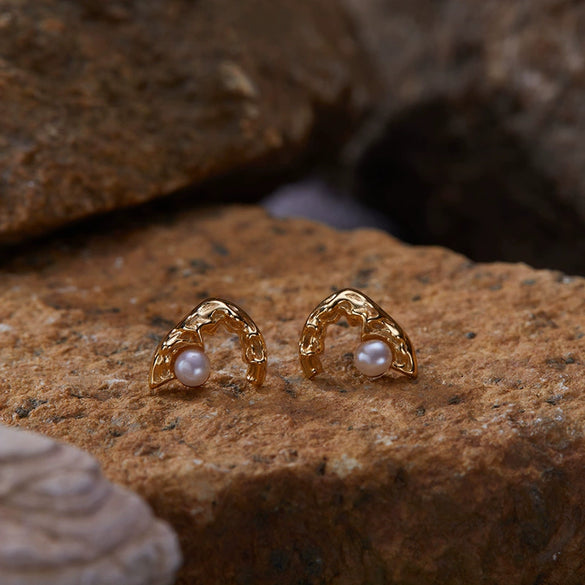 Wholesale S925 Sterling Silver Natural Pearl Geometric Landscape Art Stud Earrings Set With Gems