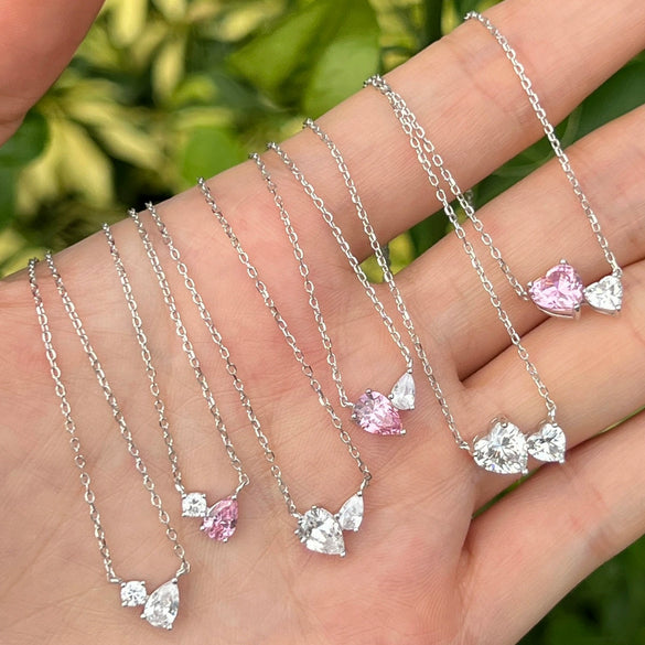 Wholesale S925 Sterling Silver Necklace For Women Double Heart Pearshaped Zircon Electroplated Design
