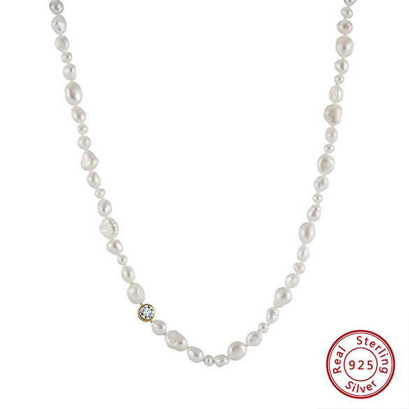 Wholesale S925 Sterling Silver Necklace With Baroque Natural Freshwater Pearl And Zircon Pendant Geometric Style Electroplated For Women