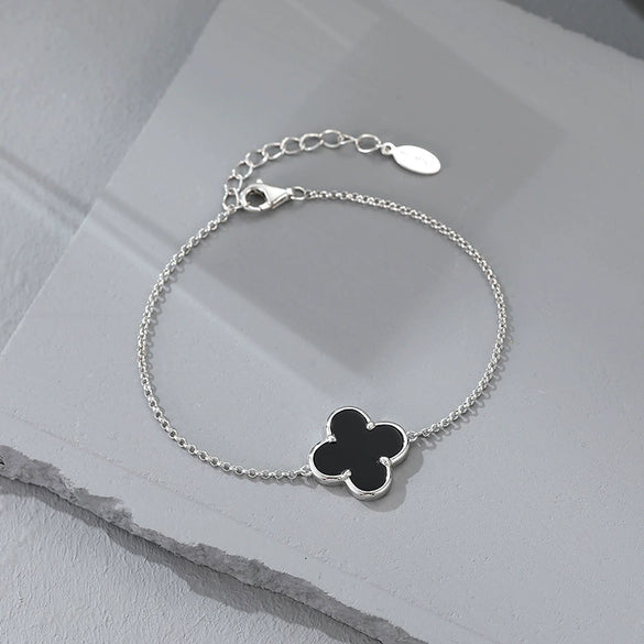 Wholesale S925 Sterling Silver Necklace With Black Agate And Four Leaf Pattern Electroplated Women's