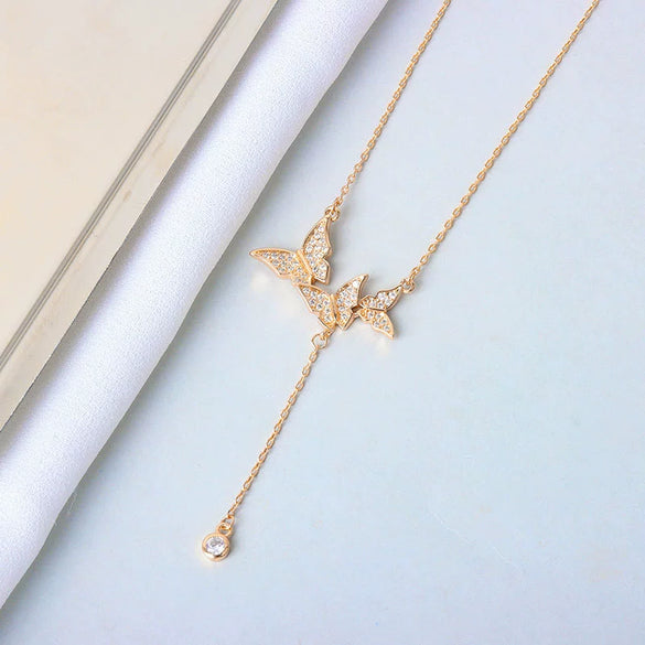 Wholesale S925 Sterling Silver Necklace With Butterfly Tassel And Cross Chain Design