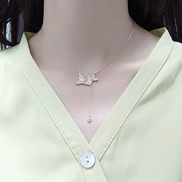 Wholesale S925 Sterling Silver Necklace With Butterfly Tassel And Cross Chain Design