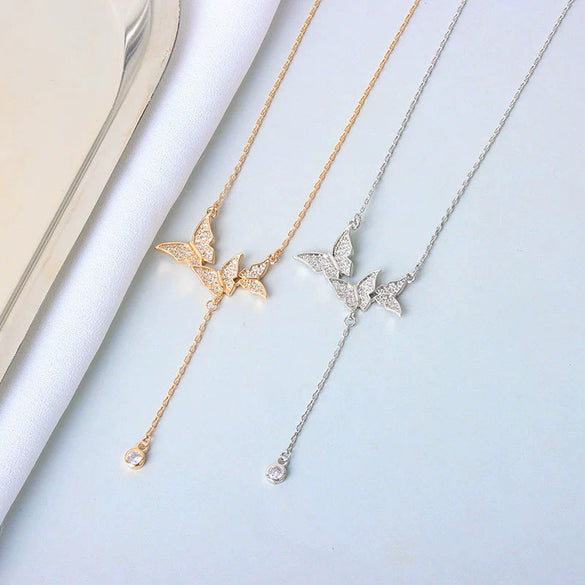 Wholesale S925 Sterling Silver Necklace With Butterfly Tassel And Cross Chain Design