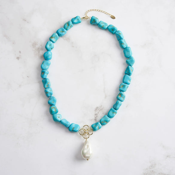 Wholesale S925 Sterling Silver Necklace With Turquoise In Baroque Beads Shape And Geometric Pattern Electroplated Vintage Style