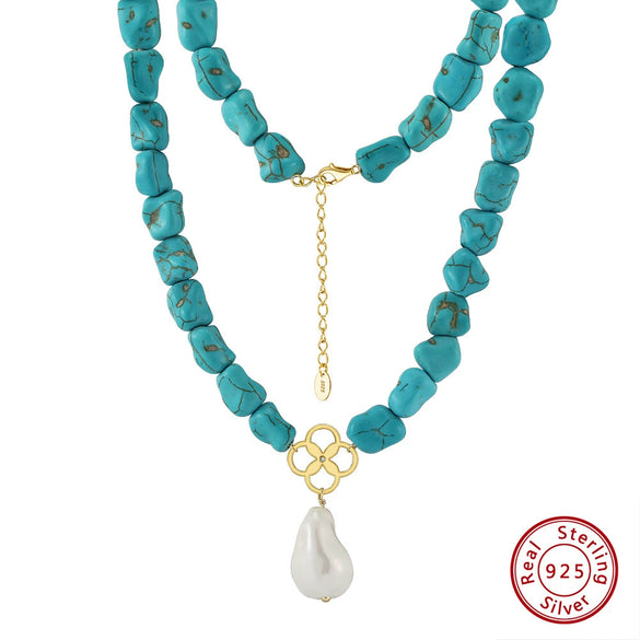 Wholesale S925 Sterling Silver Necklace With Turquoise In Baroque Beads Shape And Geometric Pattern Electroplated Vintage Style
