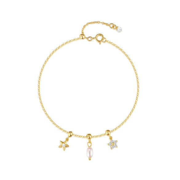 Wholesale S925 Sterling Silver Niche Design Pearl Five Petal Flower Starfish Pendant Bracelet With Geometric Pattern And Electroplating Process For Women