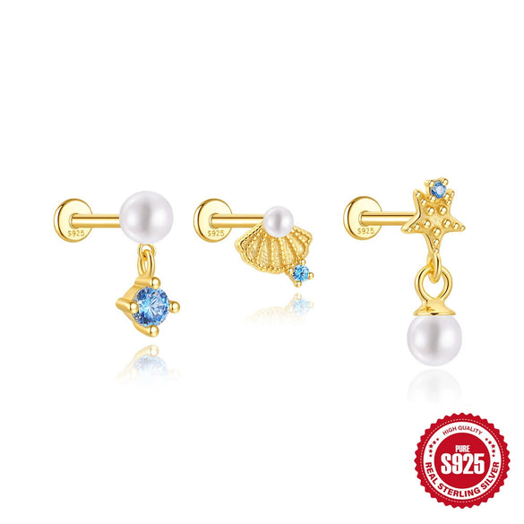 Wholesale S925 Sterling Silver Ocean Shell Starfish Geometric Flat Head Threaded Piercing Ear Bone Nail Earrings Set With Environmentally Friendly Electroplating For Women And Men