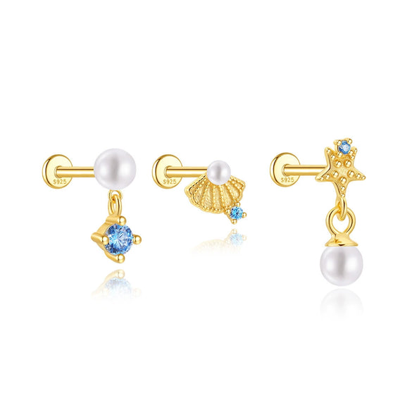 Wholesale S925 Sterling Silver Ocean Shell Starfish Pearl Piercing Earrings Set With Flower Pattern And Electroplating For Women