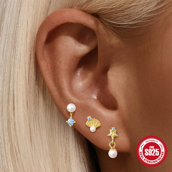 Wholesale S925 Sterling Silver Ocean Shell Starfish Pearl Piercing Earrings Set With Flower Pattern And Electroplating For Women