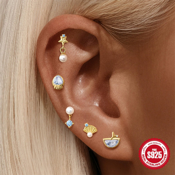Wholesale S925 Sterling Silver Ocean Shell Starfish Pearl Piercing Earrings Set With Flower Pattern And Electroplating For Women