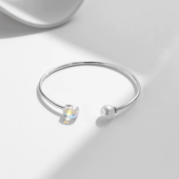 Wholesale S925 Sterling Silver Open Bracelet With Shijia Crystal Pearl And Moonstone Diamond Treated
