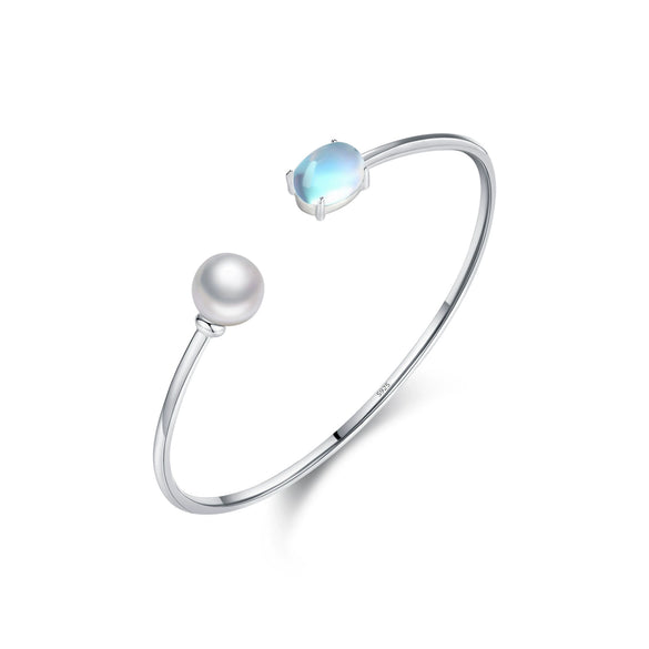 Wholesale S925 Sterling Silver Open Bracelet With Shijia Crystal Pearl And Moonstone Diamond Treated