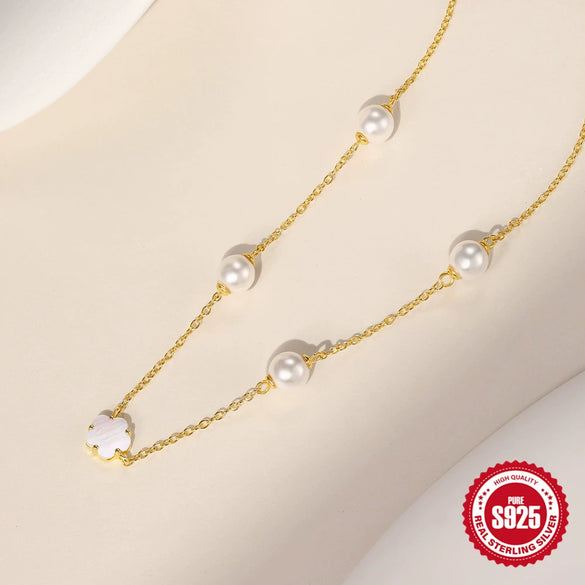 Wholesale S925 Sterling Silver Pearl Five Petal White Shellfish Elegant Unisex Necklace And Bracelet Set With O Chain And Electroplating Treatment