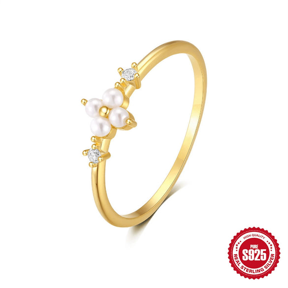 Wholesale S925 Sterling Silver Pearl Fourleaf Flower Ring For Women With Electroplating And Real Gold Plating