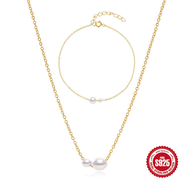 Wholesale S925 Sterling Silver Pearl Slidable Necklace And Bracelet Set Electroplated Jewelry For Women