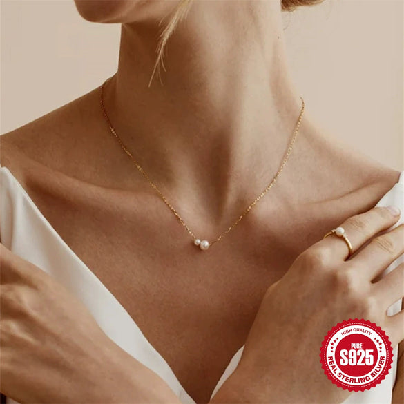 Wholesale S925 Sterling Silver 2 Pearls Slidable Bohemian Retro Women's O Chain Necklace With Geometric Design And Electroplating