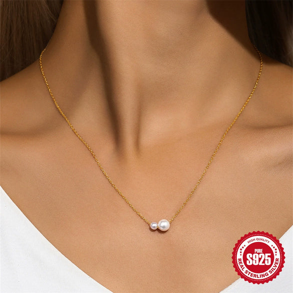 Wholesale S925 Sterling Silver 2 Pearls Slidable Bohemian Retro Women's O Chain Necklace With Geometric Design And Electroplating