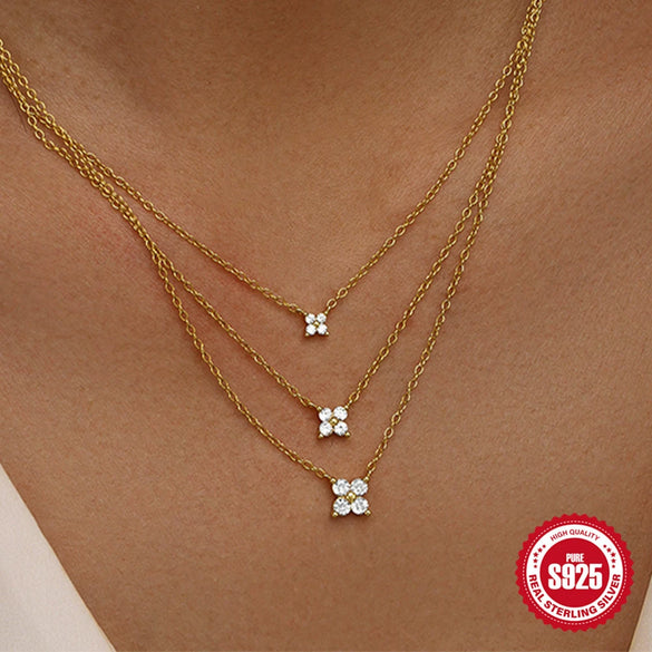 Wholesale S925 Sterling Silver Petal Element Three Layer Stacked Necklace With Star Pattern And Electroplating Treatment For Women