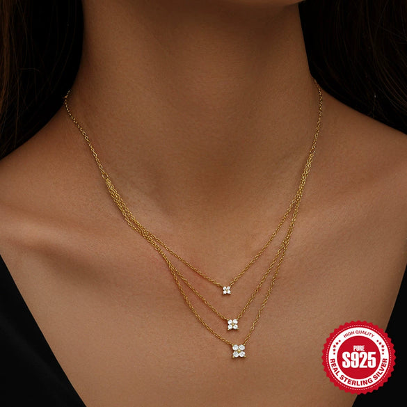 Wholesale S925 Sterling Silver Petal Element Three Layer Stacked Necklace With Star Pattern And Electroplating Treatment For Women