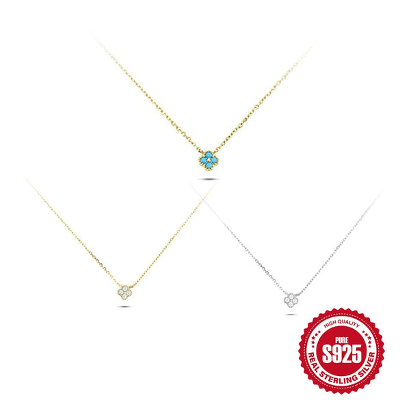Wholesale S925 Sterling Silver Petal Fourleaf Clover Clavicle Necklace With Turquoise Zircon And Geometric Design