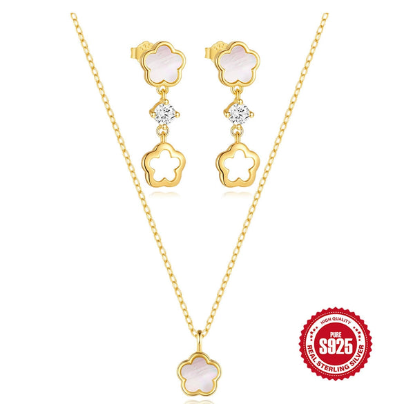 Wholesale S925 Sterling Silver Petal Shaped Hollow Earrings And Necklace Suit With Electroplating Treatment Unisex Style