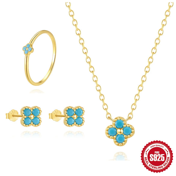 Wholesale S925 Sterling Silver Petal Turquoise Diamond Jewelry Set With Simple Style And Environmentally Friendly Electroplating For Women