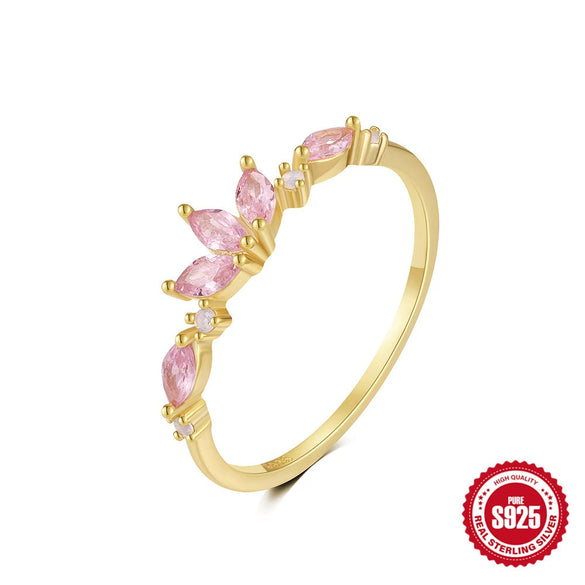 Wholesale S925 Sterling Silver Pink Flower Moon Shaped Ring With Inlaid Zircon For Women Simple And Refreshing Design