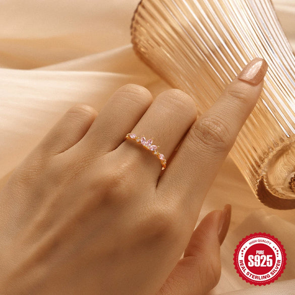 Wholesale S925 Sterling Silver Pink Flower Moon Shaped Ring With Inlaid Zircon For Women Simple And Refreshing Design