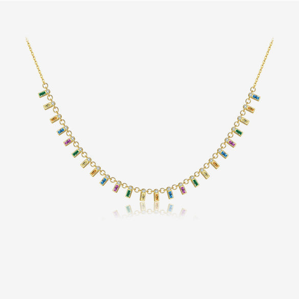 Wholesale S925 Sterling Silver Rectangular Zircon Necklace For Women With Electroplated Rainbow Gemstone Pendant And Regular Clavicle Chain