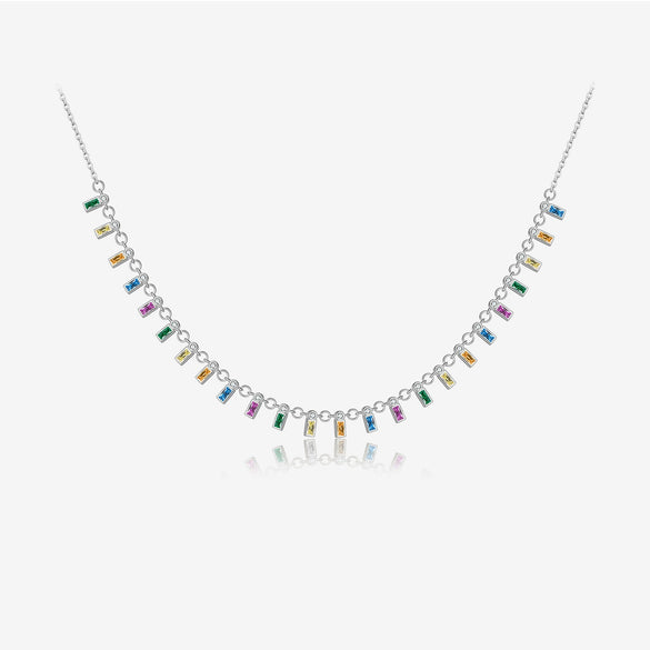 Wholesale S925 Sterling Silver Rectangular Zircon Necklace For Women With Electroplated Rainbow Gemstone Pendant And Regular Clavicle Chain