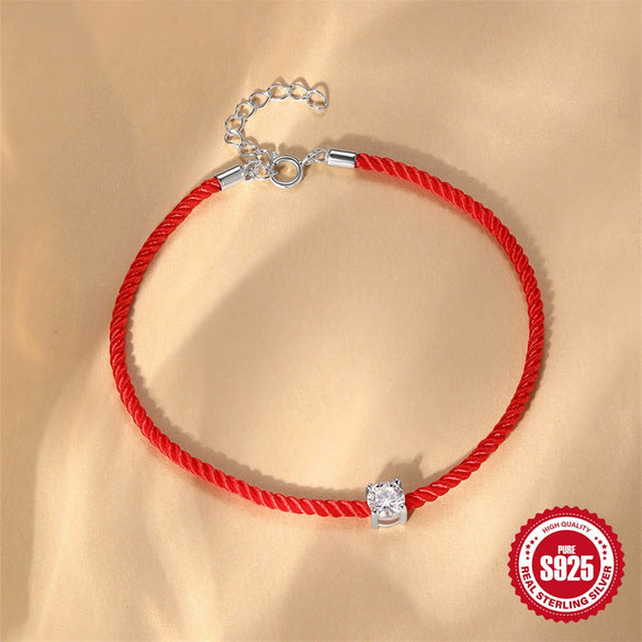 Wholesale S925 Sterling Silver Red Rope Bracelet With Single Mosan Diamond Geometric Pattern Electroplated For Women