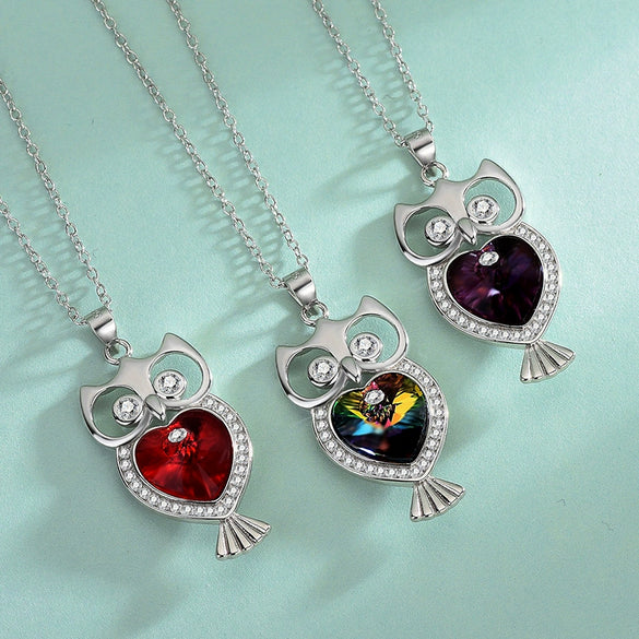 Wholesale S925 Sterling Silver Retro Owl Women's Ochain Necklace With Crystal Pendant