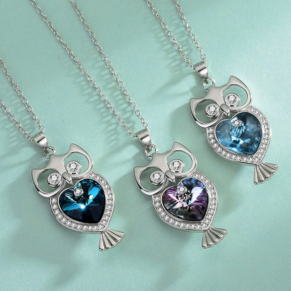 Wholesale S925 Sterling Silver Retro Owl Women's Ochain Necklace With Crystal Pendant