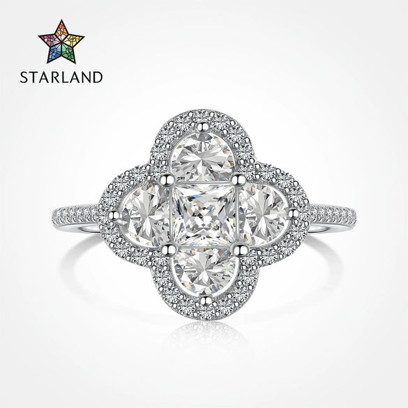 Wholesale S225 Sterling Silver Ring For Women With Zircon Inlay Geometric Four Leaf Clover Design Light Luxury Style