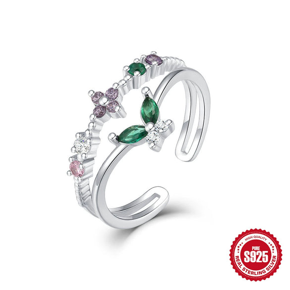 Wholesale S925 Sterling Silver Ring With Colorful Zircon Floral Cross Mori Design And Zirconia Processing Adjustable