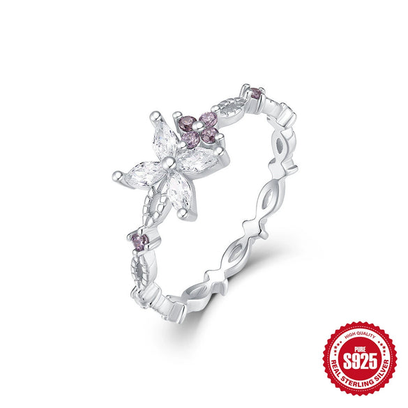 Wholesale S925 Sterling Silver Ring With Colorful Zircon Floral Cross Mori Design And Zirconia Processing Adjustable
