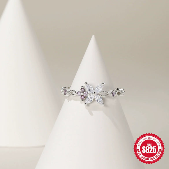 Wholesale S925 Sterling Silver Ring With Colorful Zircon Floral Cross Mori Design And Zirconia Processing Adjustable