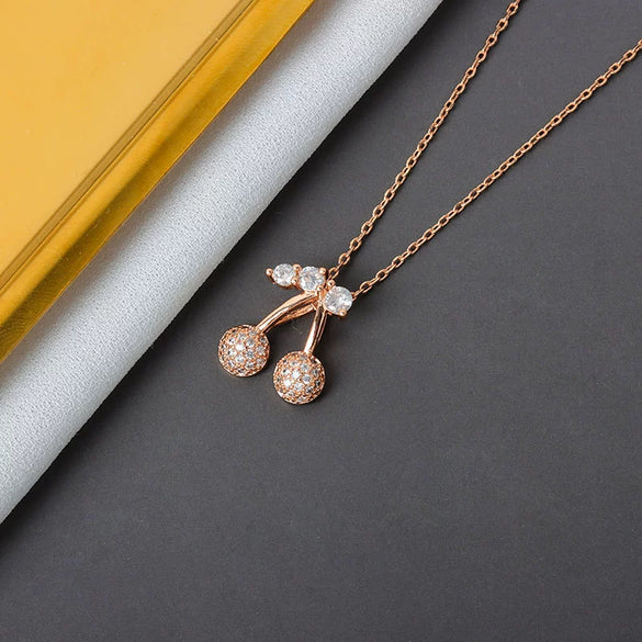 Wholesale S925 Sterling Silver Rose Gold Double Cherry Fruit Style Necklace With Diamond And Electroplated Cross Chain