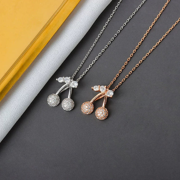 Wholesale S925 Sterling Silver Rose Gold Double Cherry Fruit Style Necklace With Diamond And Electroplated Cross Chain