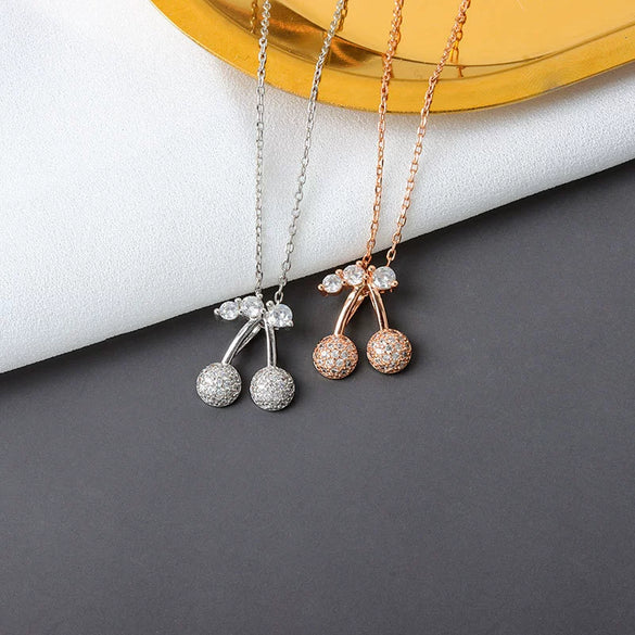 Wholesale S925 Sterling Silver Rose Gold Double Cherry Fruit Style Necklace With Diamond And Electroplated Cross Chain
