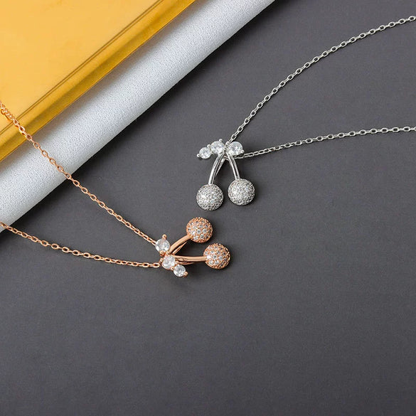 Wholesale S925 Sterling Silver Rose Gold Double Cherry Fruit Style Necklace With Diamond And Electroplated Cross Chain
