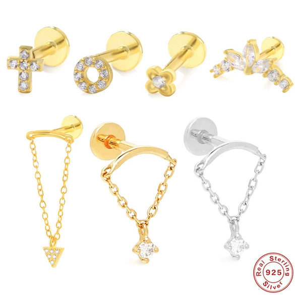 Wholesale S925 Sterling Silver Round Cross Tassel Flat Bottom Internal Thread Piercing Ear Bone Nail For Women With Geometric Design And Electroplating