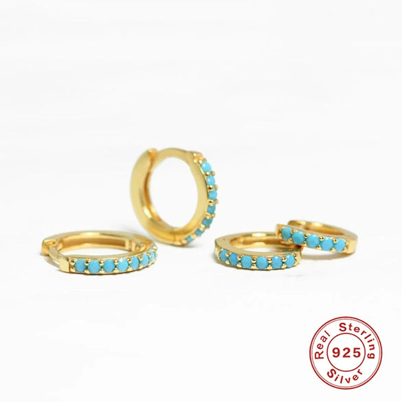 Wholesale S925 Sterling Silver Round Ear Buckle Earrings With Micro Inlay Turquoise And Geometric Pattern 18K Gold Plated