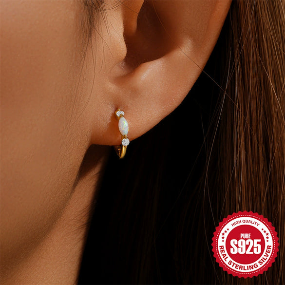 Wholesale S925 Sterling Silver Round Micro Inlaid Zircon Opal Ear Buckle Earrings With Geometric Design And Electroplating Treatment For Women