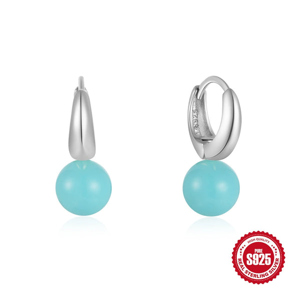 Wholesale S925 Sterling Silver Round Turquoise Ear Buckle Earrings With Geometric Design And Inlaid Zircon For Unisex