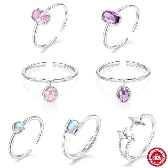 Wholesale S925 Sterling Silver Simple Color Zircon Pendant With Geometric Pattern Opening Adjustable Ring For Women Electroplated
