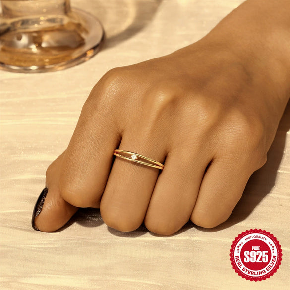Wholesale S925 Sterling Silver Simple Double Layer Hollow Ring With Single Diamond Moonstone Pearl Geometric Style Electroplated
